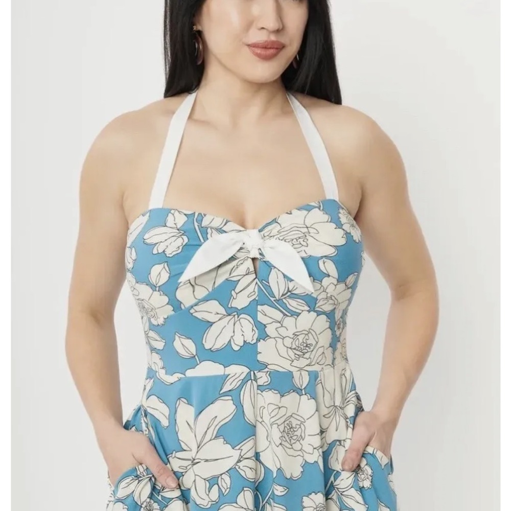 Unique Vintage blue & white floral bouquet swing halter dress size 1X/16 pockets - Picture 3 of 13